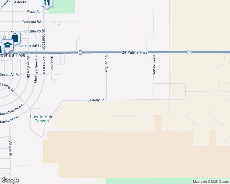 map of restaurants, bars, coffee shops, grocery stores, and more near 62576 Cottonwood Drive in Joshua Tree