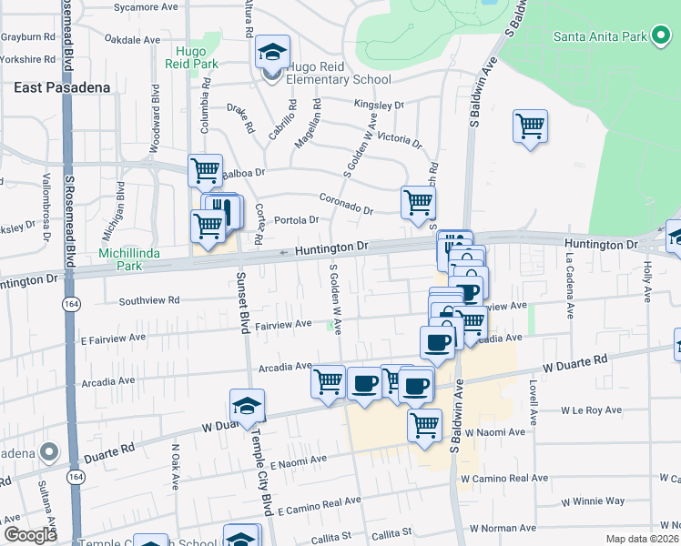map of restaurants, bars, coffee shops, grocery stores, and more near 808 Golden West Avenue in Arcadia
