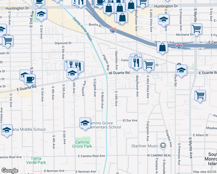 map of restaurants, bars, coffee shops, grocery stores, and more near 1826 South Ninth Avenue in Monrovia