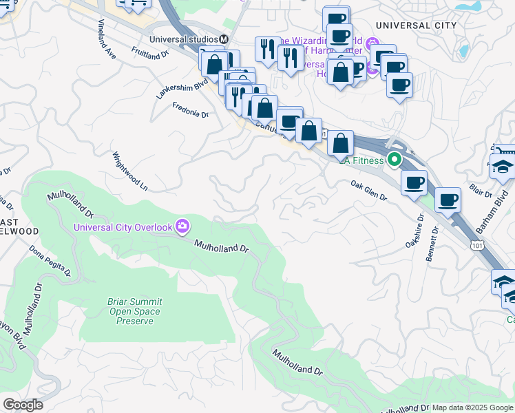 map of restaurants, bars, coffee shops, grocery stores, and more near Multiview Drive in Los Angeles