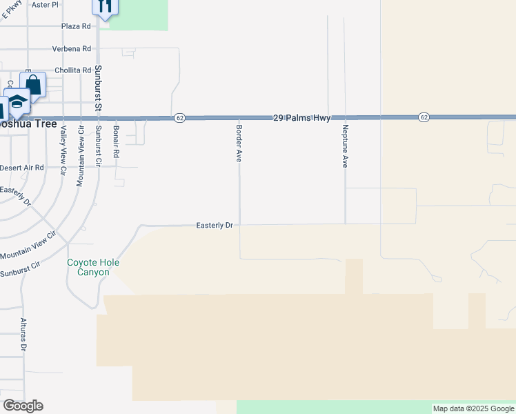 map of restaurants, bars, coffee shops, grocery stores, and more near 62576 Cottonwood Drive in Joshua Tree