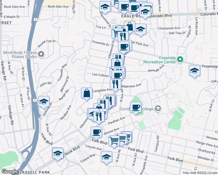 map of restaurants, bars, coffee shops, grocery stores, and more near 2327 Langdale Avenue in Los Angeles