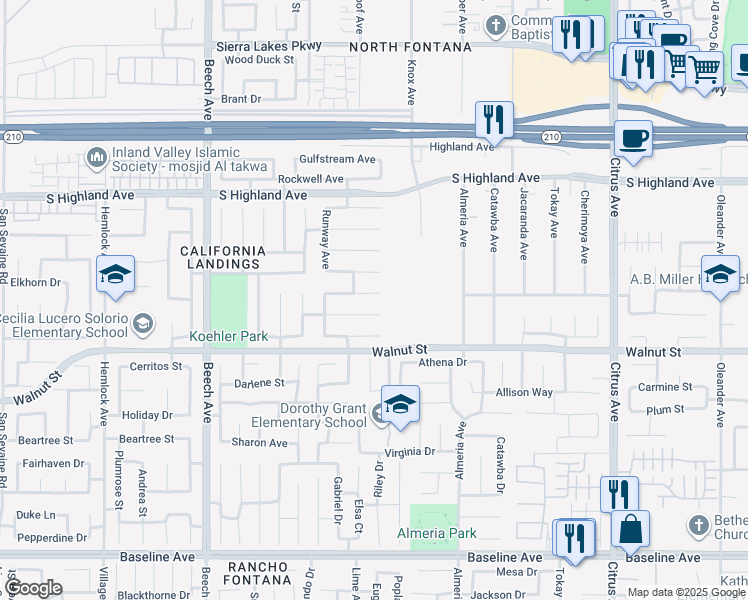 map of restaurants, bars, coffee shops, grocery stores, and more near 15627 Northwind Avenue in Fontana