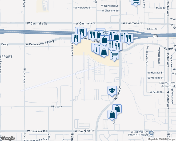 map of restaurants, bars, coffee shops, grocery stores, and more near 1188 Leiske Drive in Rialto