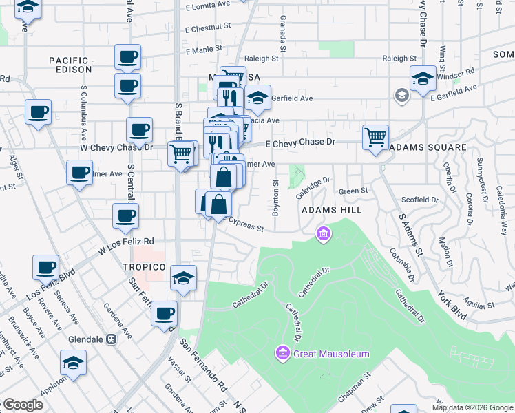 map of restaurants, bars, coffee shops, grocery stores, and more near 1241 Boynton Street in Glendale