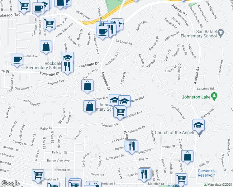 map of restaurants, bars, coffee shops, grocery stores, and more near 6121 Tipton Way in Los Angeles