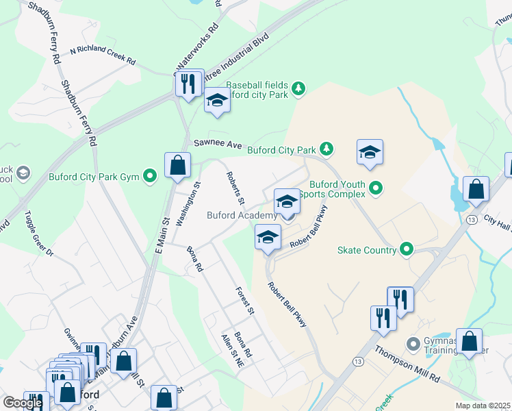 map of restaurants, bars, coffee shops, grocery stores, and more near Legion Drive in Buford
