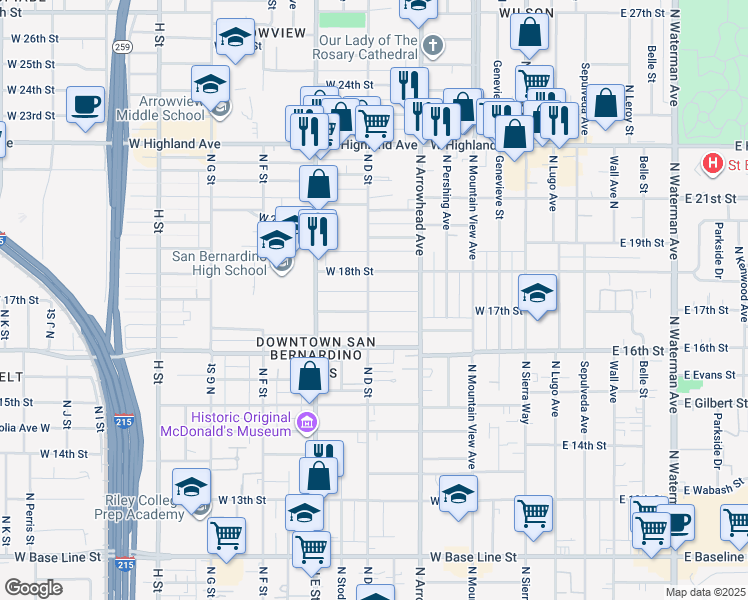 map of restaurants, bars, coffee shops, grocery stores, and more near 394 West 17th Street in San Bernardino