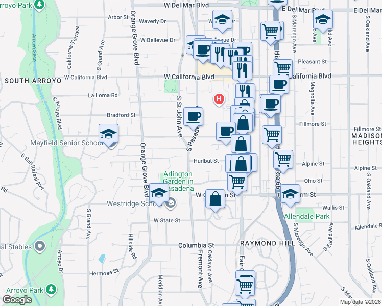 map of restaurants, bars, coffee shops, grocery stores, and more near 888 South Pasadena Avenue in Pasadena