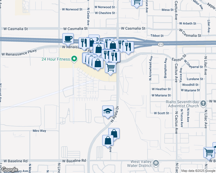 map of restaurants, bars, coffee shops, grocery stores, and more near in Rialto