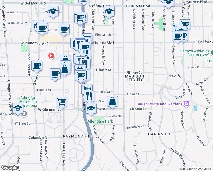 map of restaurants, bars, coffee shops, grocery stores, and more near 888 Magnolia Avenue in Pasadena