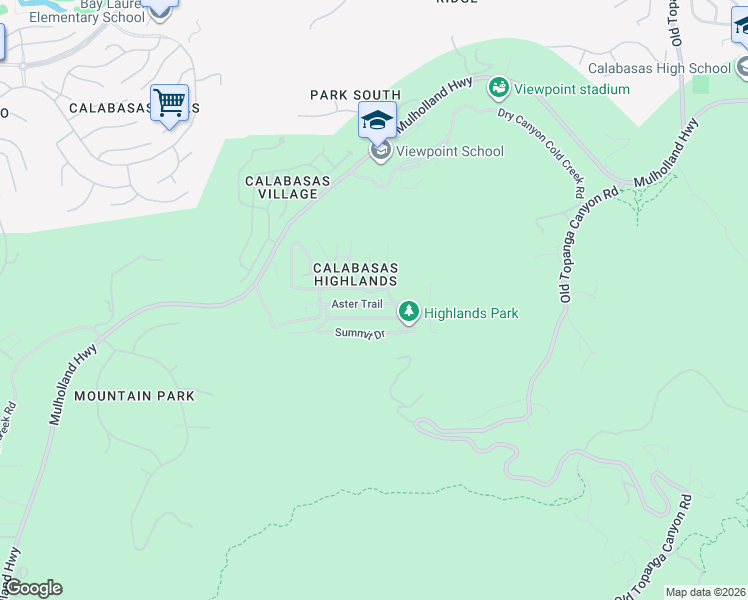 map of restaurants, bars, coffee shops, grocery stores, and more near Aster Trail in Calabasas