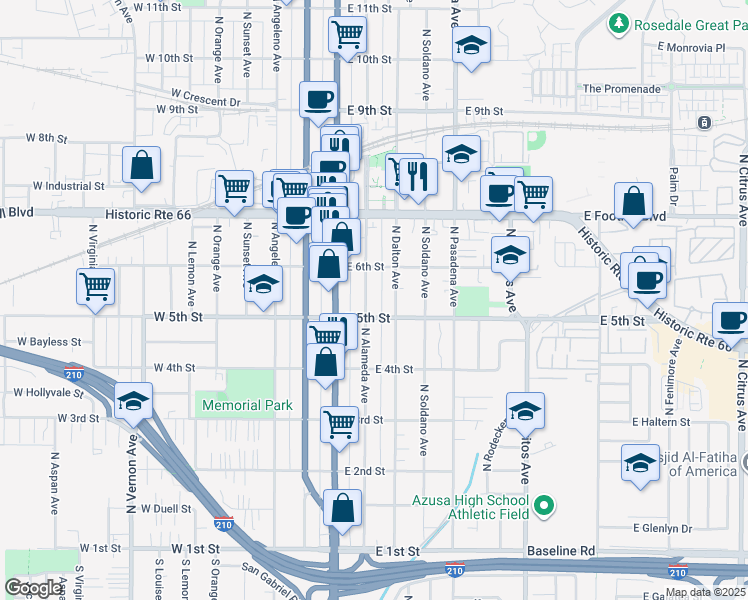 map of restaurants, bars, coffee shops, grocery stores, and more near 516 North Alameda Avenue in Azusa