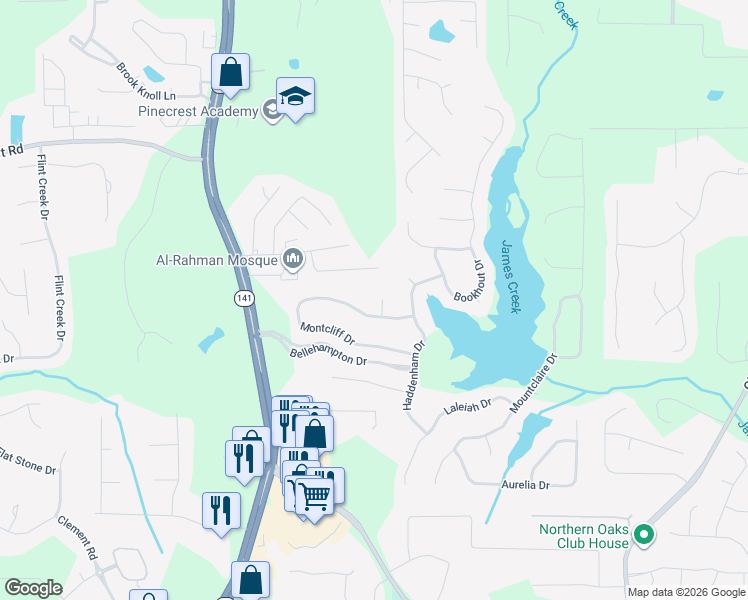 map of restaurants, bars, coffee shops, grocery stores, and more near 1425 Hamstead Court in Cumming