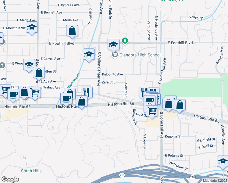 map of restaurants, bars, coffee shops, grocery stores, and more near 1581 Manor Lane in Glendora