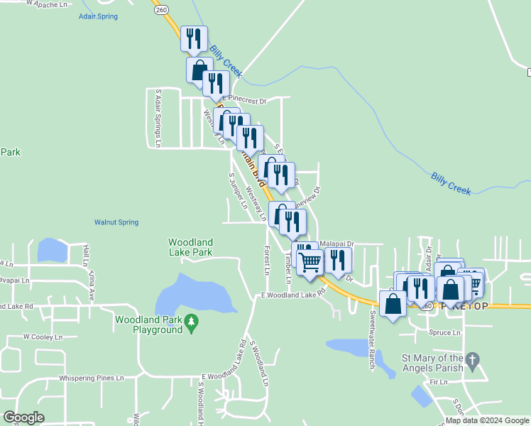 map of restaurants, bars, coffee shops, grocery stores, and more near 657 East White Mountain Boulevard in Pinetop-Lakeside