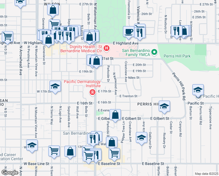map of restaurants, bars, coffee shops, grocery stores, and more near 397 18th Street in San Bernardino