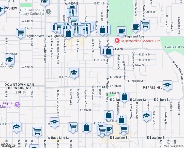 map of restaurants, bars, coffee shops, grocery stores, and more near 211 18th Street in San Bernardino