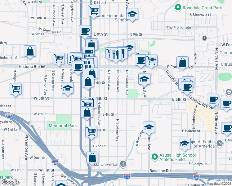 map of restaurants, bars, coffee shops, grocery stores, and more near 536 North Dalton Avenue in Azusa