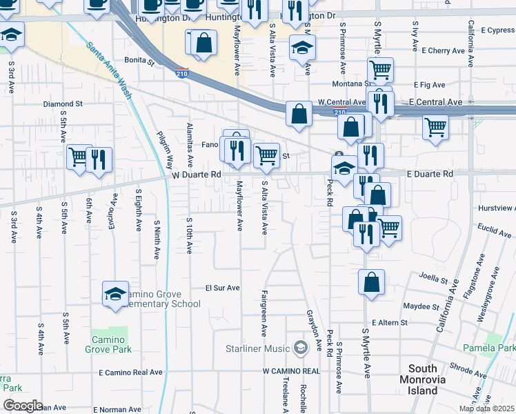 map of restaurants, bars, coffee shops, grocery stores, and more near 1839 South Alta Vista Avenue in Monrovia
