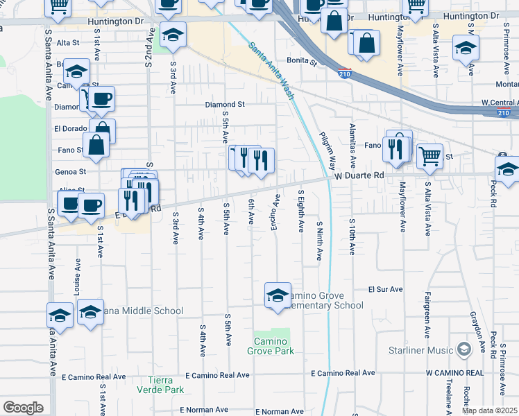 map of restaurants, bars, coffee shops, grocery stores, and more near 930 West Duarte Road in Monrovia