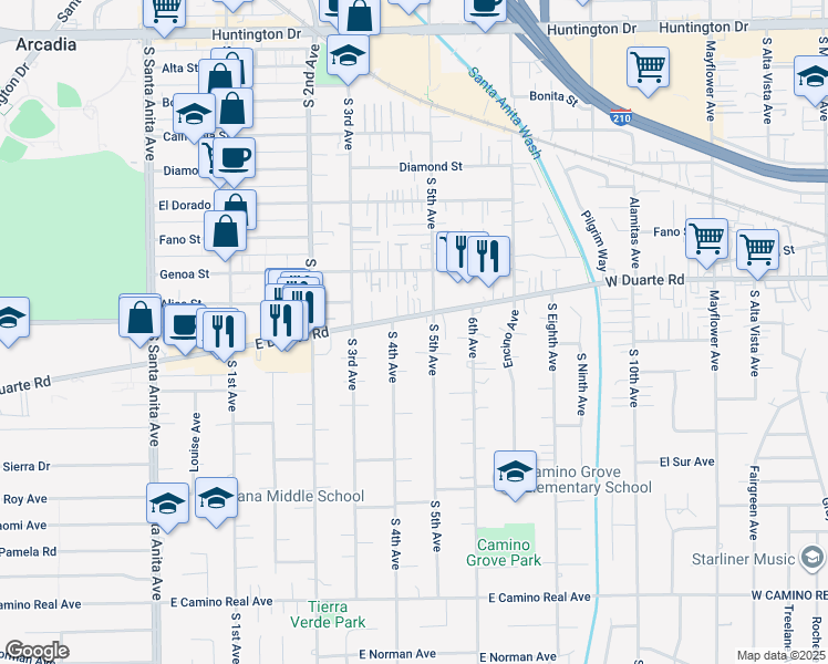 map of restaurants, bars, coffee shops, grocery stores, and more near 407 East Duarte Road in Arcadia