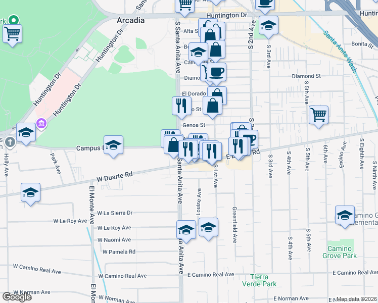 map of restaurants, bars, coffee shops, grocery stores, and more near 20 Alice Street in Arcadia