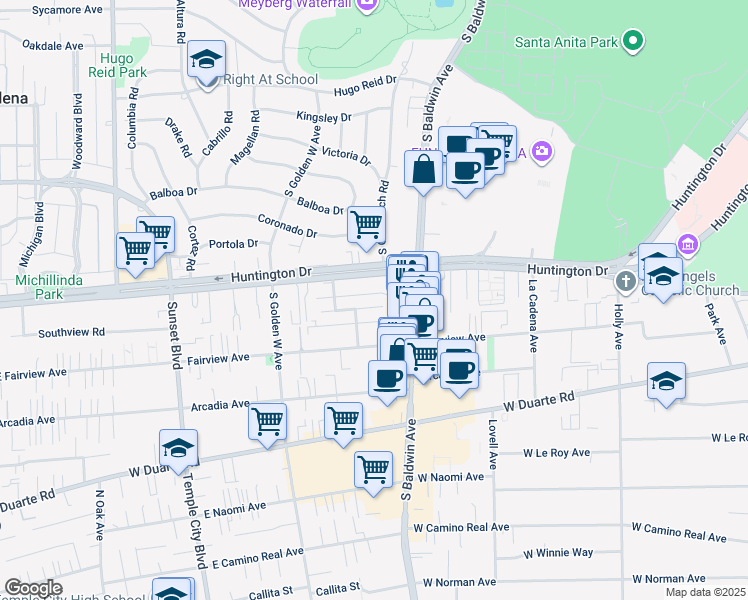 map of restaurants, bars, coffee shops, grocery stores, and more near 728 West Huntington Drive in Arcadia