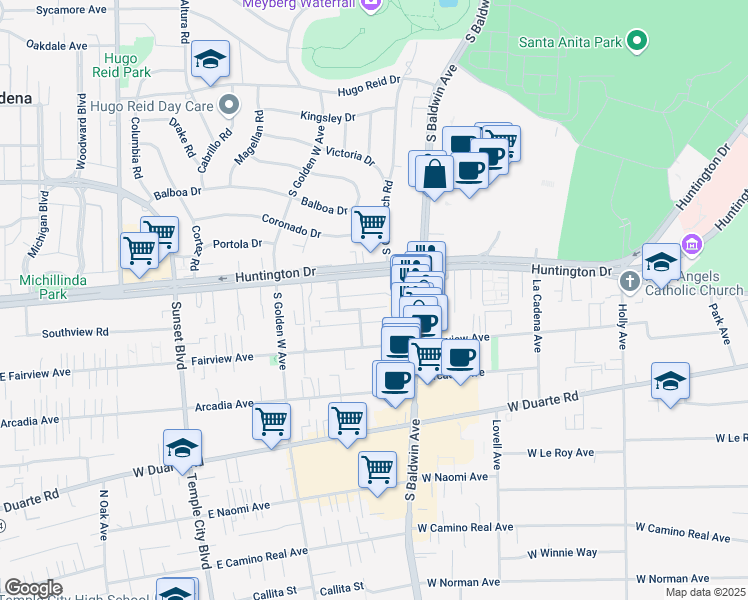 map of restaurants, bars, coffee shops, grocery stores, and more near 728 West Huntington Drive in Arcadia