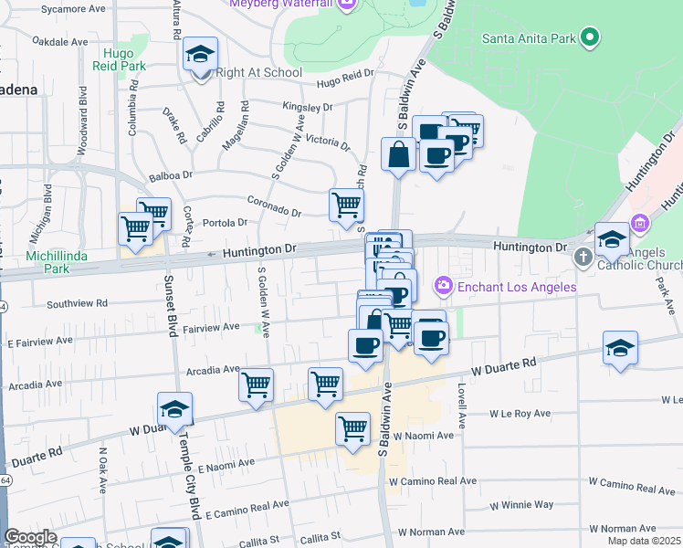 map of restaurants, bars, coffee shops, grocery stores, and more near 772 West Huntington Drive in Arcadia