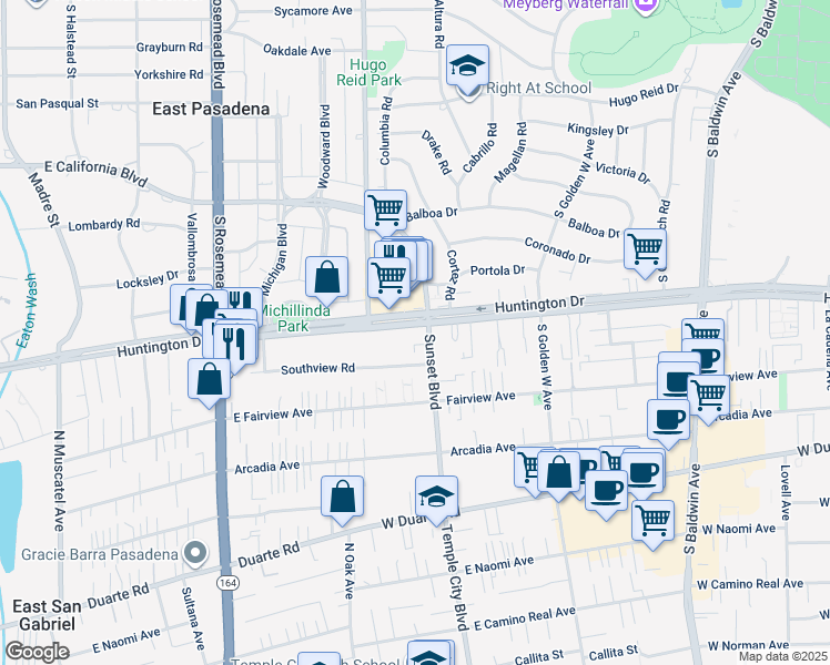 map of restaurants, bars, coffee shops, grocery stores, and more near 1100 West Huntington Drive in Arcadia