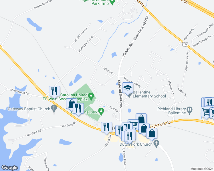 map of restaurants, bars, coffee shops, grocery stores, and more near 183 Cedar Chase Lane in Irmo