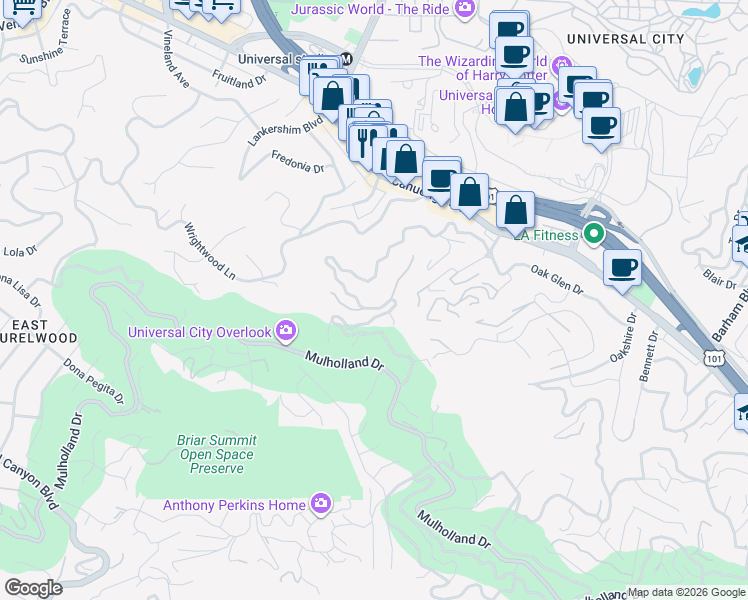 map of restaurants, bars, coffee shops, grocery stores, and more near 3564 Multiview Drive in Los Angeles