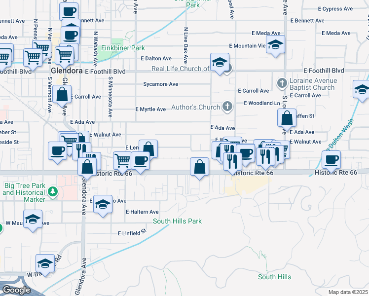map of restaurants, bars, coffee shops, grocery stores, and more near 668 East Lemon Avenue in Glendora