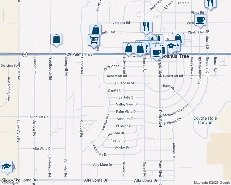 map of restaurants, bars, coffee shops, grocery stores, and more near 61515 Capilla Drive in Joshua Tree