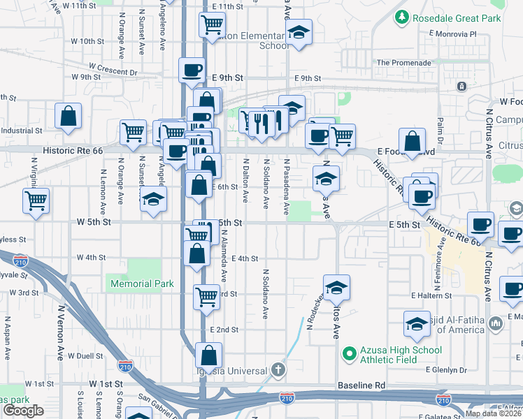 map of restaurants, bars, coffee shops, grocery stores, and more near 536 North Dalton Avenue in Azusa