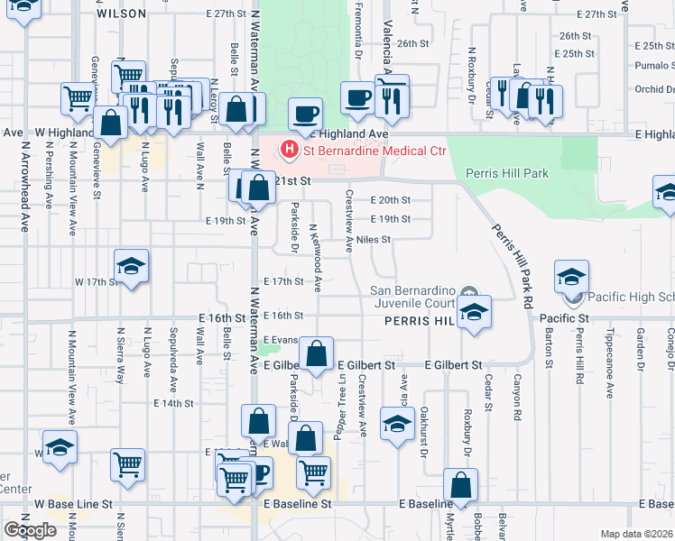map of restaurants, bars, coffee shops, grocery stores, and more near 1810 Crestview Avenue in San Bernardino