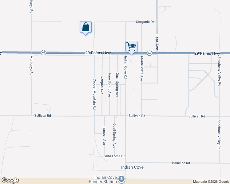 map of restaurants, bars, coffee shops, grocery stores, and more near 6748 Quail Spring Avenue in Twentynine Palms