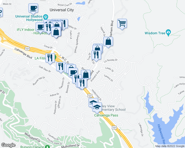 map of restaurants, bars, coffee shops, grocery stores, and more near 3284 Barham Boulevard in Los Angeles