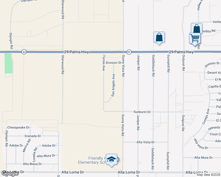 map of restaurants, bars, coffee shops, grocery stores, and more near 6748 San Angelo Avenue in Joshua Tree