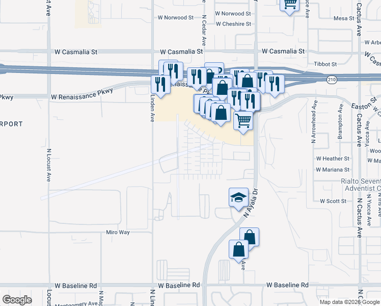 map of restaurants, bars, coffee shops, grocery stores, and more near 1707 Eagle Road in Rialto