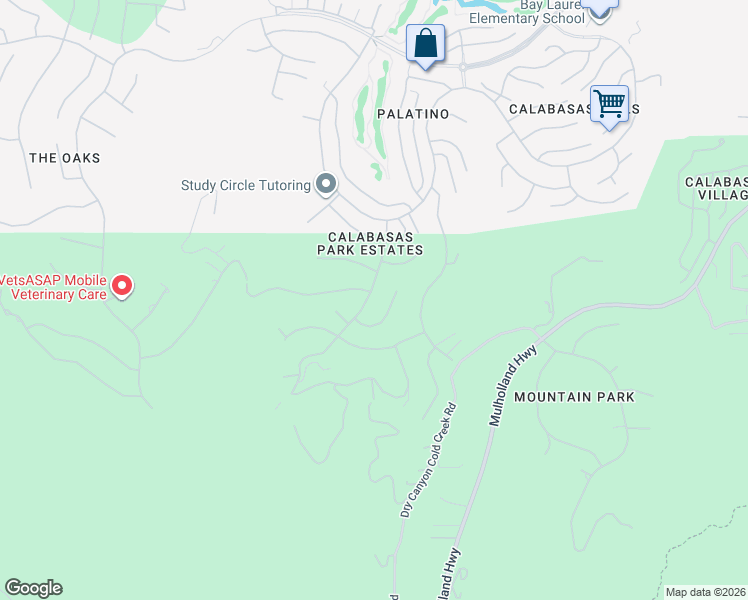 map of restaurants, bars, coffee shops, grocery stores, and more near 3470 Consuelo Drive in Calabasas