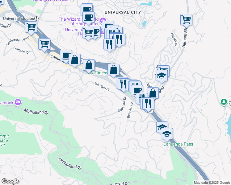 map of restaurants, bars, coffee shops, grocery stores, and more near 3348 Oak Glen Drive in Los Angeles