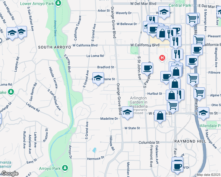 map of restaurants, bars, coffee shops, grocery stores, and more near 885 South Orange Grove Boulevard in Pasadena