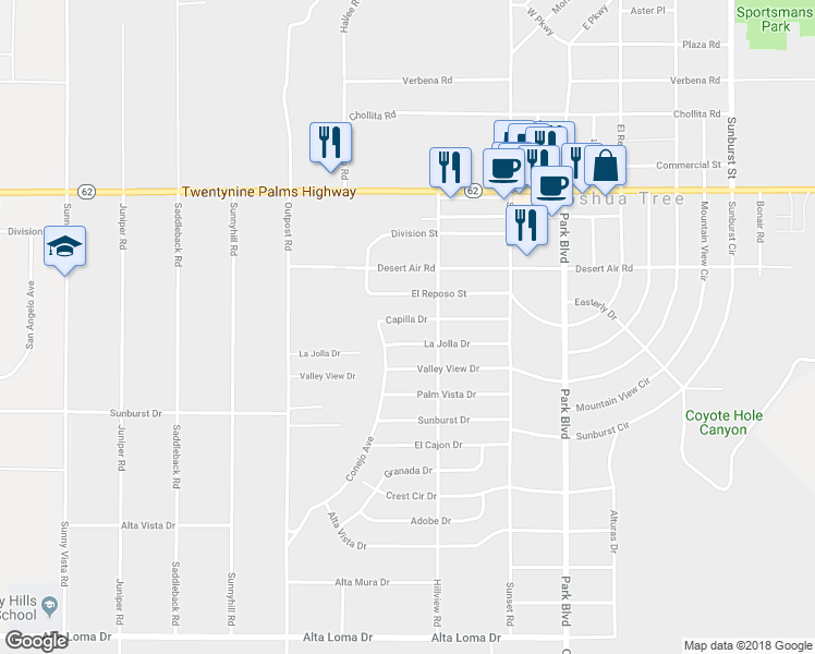 map of restaurants, bars, coffee shops, grocery stores, and more near 61515 Capilla Drive in Joshua Tree