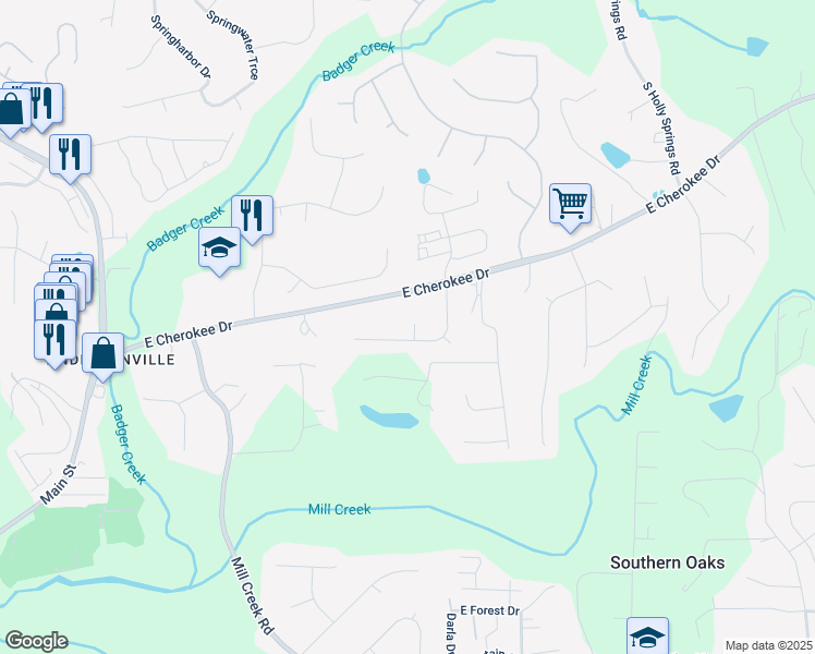 map of restaurants, bars, coffee shops, grocery stores, and more near 701 Navaho Court in Woodstock