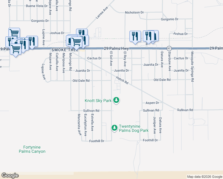 map of restaurants, bars, coffee shops, grocery stores, and more near El Sol Avenue in Twentynine Palms