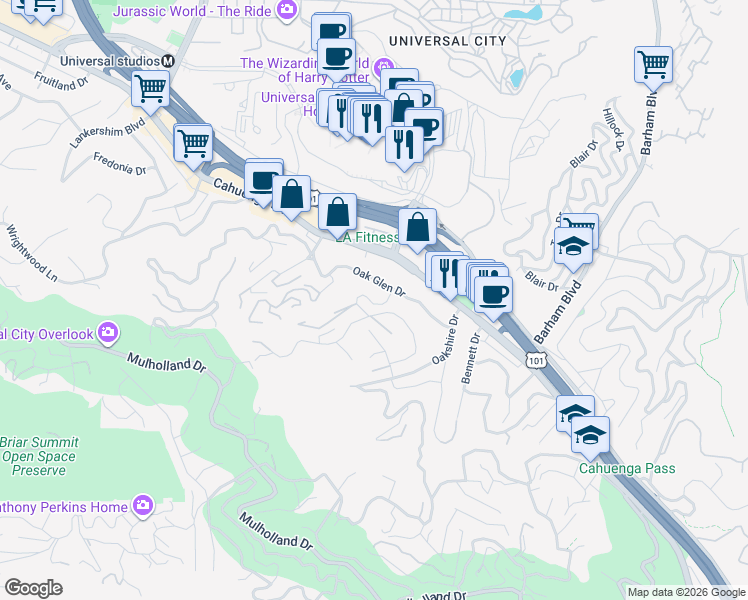 map of restaurants, bars, coffee shops, grocery stores, and more near 3419 Ione Drive in Los Angeles