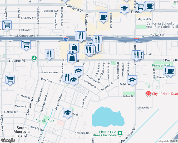 map of restaurants, bars, coffee shops, grocery stores, and more near 1854 Citrus View Avenue in Duarte