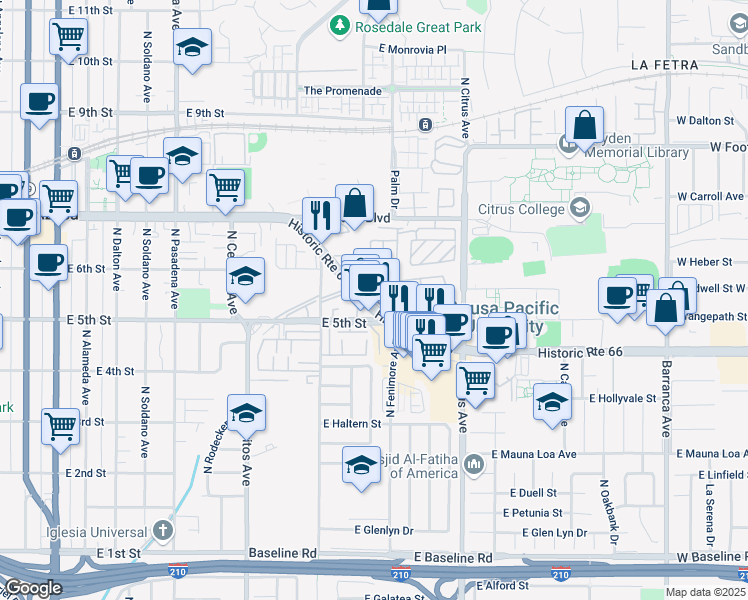 map of restaurants, bars, coffee shops, grocery stores, and more near 777 E Alosta Ave in Azusa